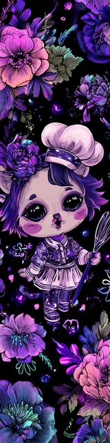 Free kawaii cats bookmark featuring a purple chef cat wearing a hat